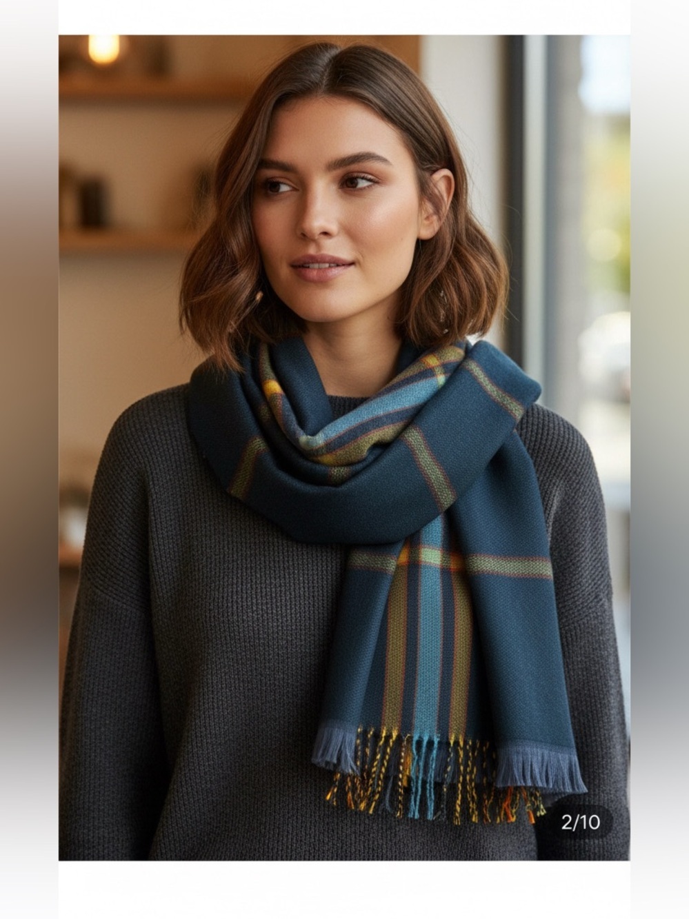 Echo Plaid Scarf Navy Yellow Tartan Fringe Wrap - Picture 2 of 12
